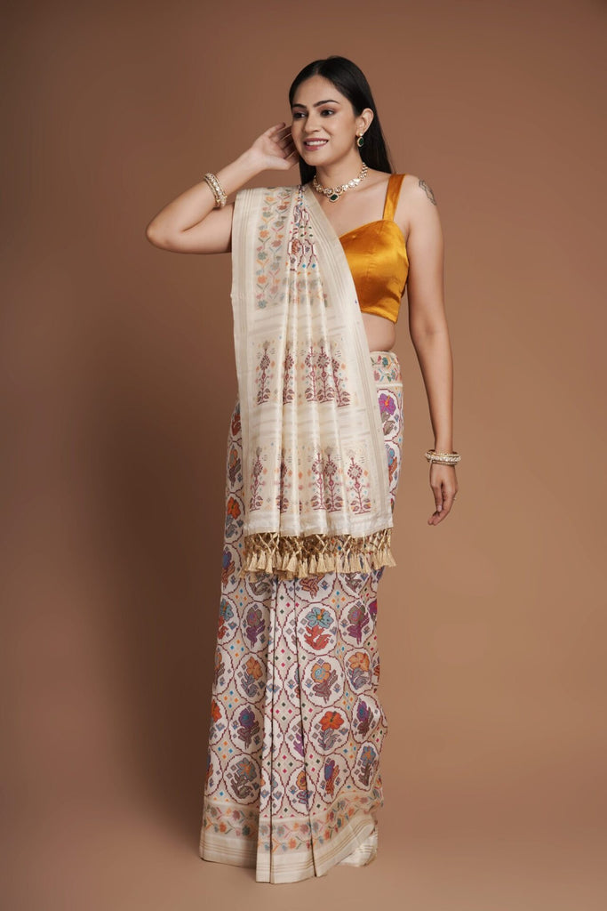 CREAM PATOLA PATTERN SILK SAREE