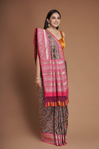 GREY EMBROIDERED PATOLA SAREE WITH CONTRAST PINK PALLU