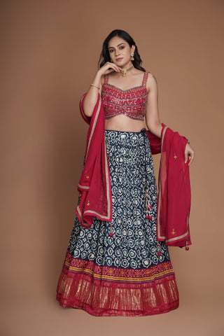 RUBY PINK GAJI AJRAKH PRINT LEHENGA WITH LAGDI PATTA BORDER