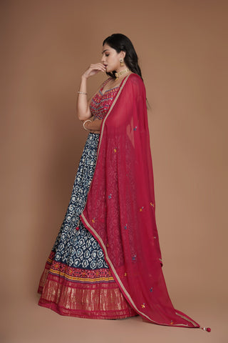 RUBY PINK GAJI AJRAKH PRINT LEHENGA WITH LAGDI PATTA BORDER