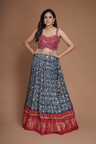 RUBY PINK GAJI AJRAKH PRINT LEHENGA WITH LAGDI PATTA BORDER