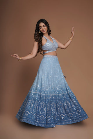 ICE BLUE OMBRE LUCKNOWI SEQUINS WORK LEHENGA