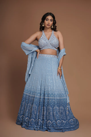 ICE BLUE OMBRE LUCKNOWI SEQUINS WORK LEHENGA