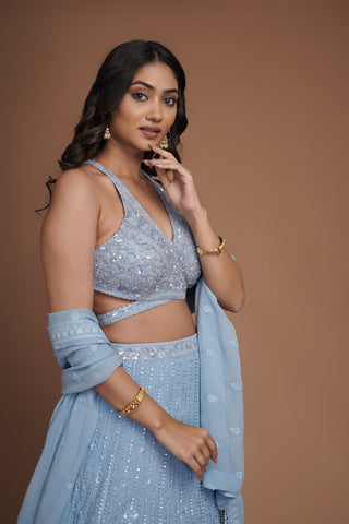 ICE BLUE OMBRE LUCKNOWI SEQUINS WORK LEHENGA