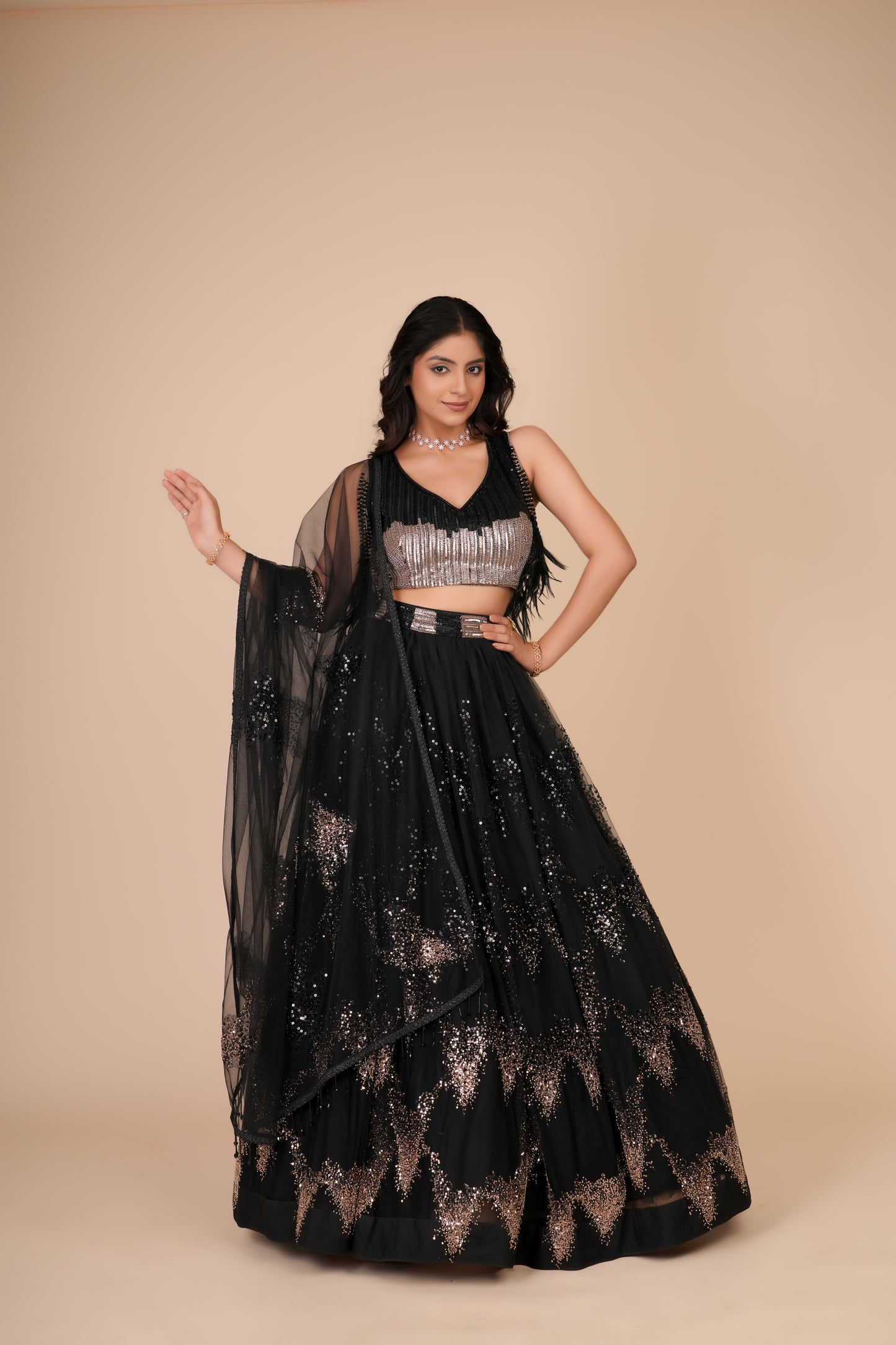BLACK SEQUIN NET LEHENGA