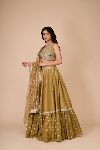 OLIVE GREEN TISSUE SILK LEHENGA alternate