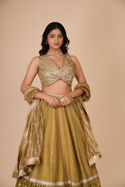 OLIVE GREEN TISSUE SILK LEHENGA