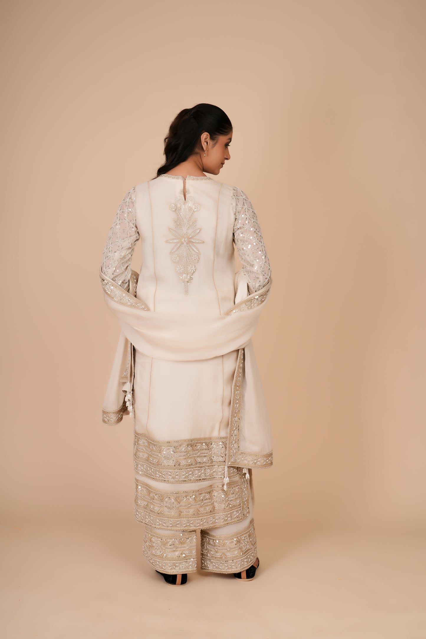 CREME ORGANZA KURTA AND PANTS SET