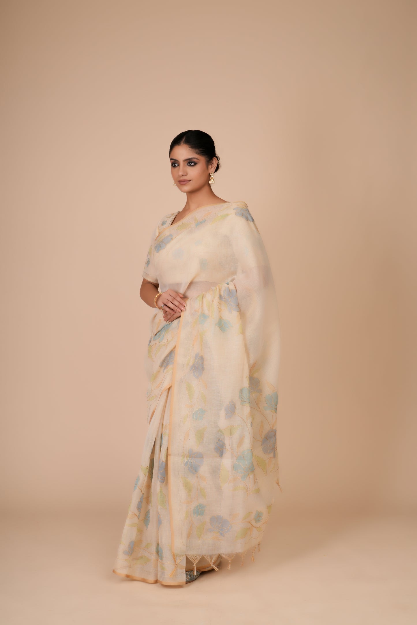 CREAM TISSUE FLORAL SAREE
