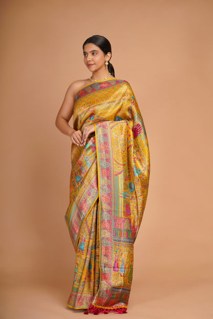 MUSTARD YELLOW MASHRU SILK SAREE PASHMINA STYLE