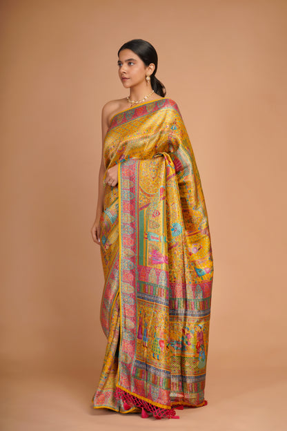 MUSTARD YELLOW MASHRU SILK SAREE PASHMINA STYLE