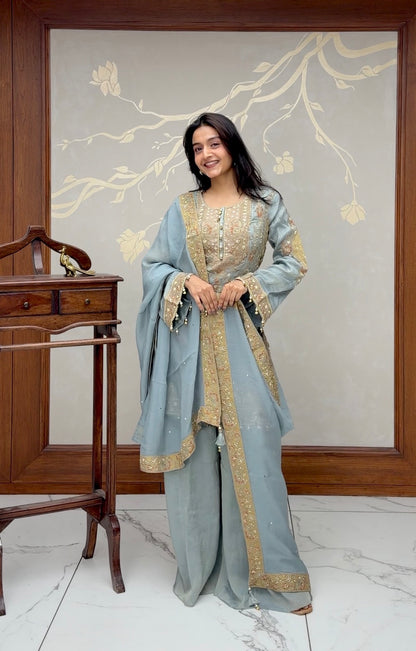 Blue Tissue Silk Self Plazo Set