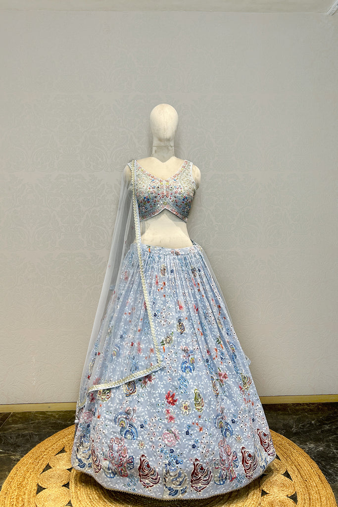 SOFT BLUE PRINTED WITH ALL OVER THREAD WORK LEHENGA