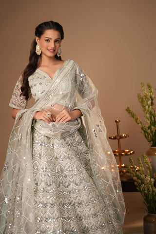 PASTEL BLUE EMBROIDERED NET LEHENGA