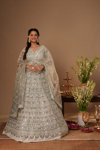 PASTEL BLUE EMBROIDERED NET LEHENGA