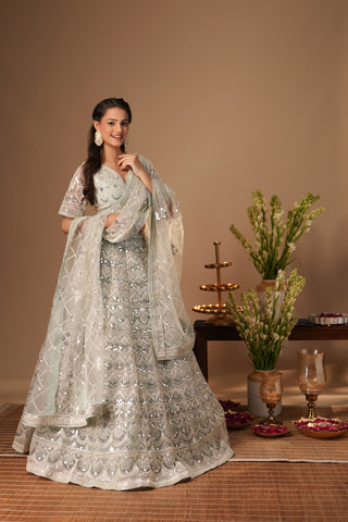 PASTEL BLUE EMBROIDERED NET LEHENGA