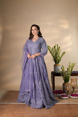 IRIS PURPLE PISHWAS NET LEHENGA