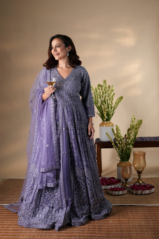 IRIS PURPLE PISHWAS NET LEHENGA