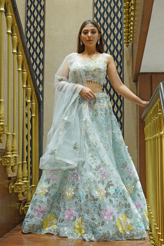 ICE BLUE FLORAL NET LEHENGA