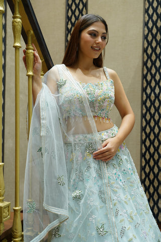 ICE BLUE FLORAL NET LEHENGA