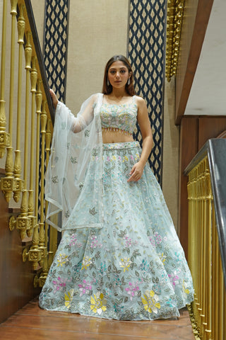 ICE BLUE FLORAL NET LEHENGA