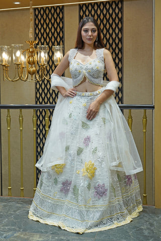 SNOW WHITE APPLIQUE WORK NET LEHENGA