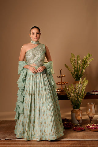 MINT GREEN CHINON SILK LEHENGA