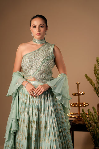 MINT GREEN CHINON SILK LEHENGA