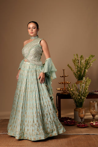 MINT GREEN CHINON SILK LEHENGA