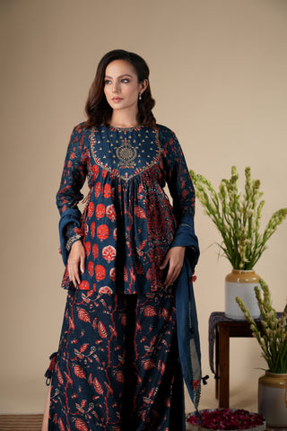 NAVY BLUE MUSLIN SHORT KURTA SET