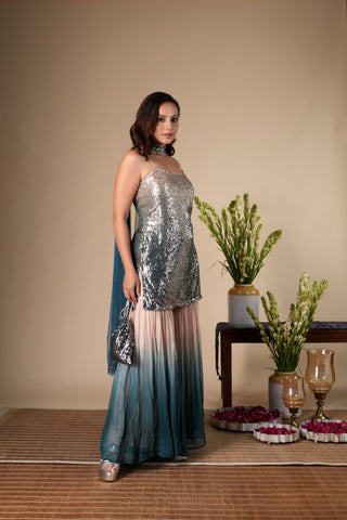 BEIGE & BLUE OMBRE SHARARA SET