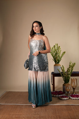 BEIGE & BLUE OMBRE SHARARA SET