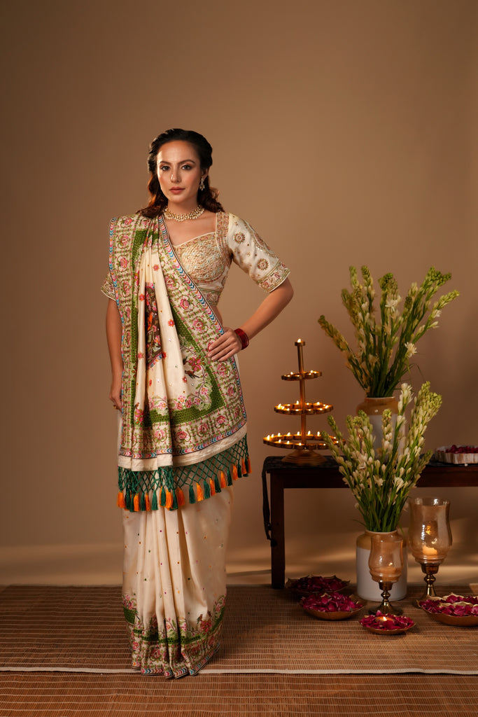 IVORY RESHAM EMBROIDERED SOFT SILK SAREE