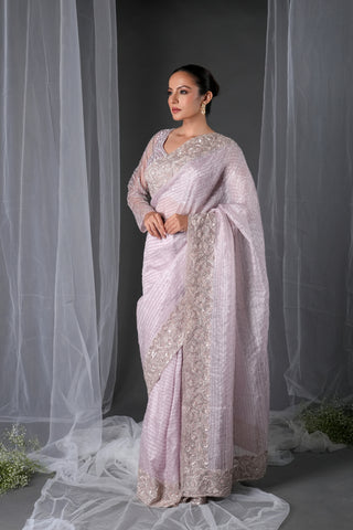 DUSTY GREY TISSUE ORGANZA EMBROIDERED SAREE alternate
