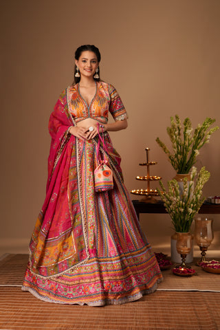 MULTI COLOR PRINTED GAJI SILK LEHENGA