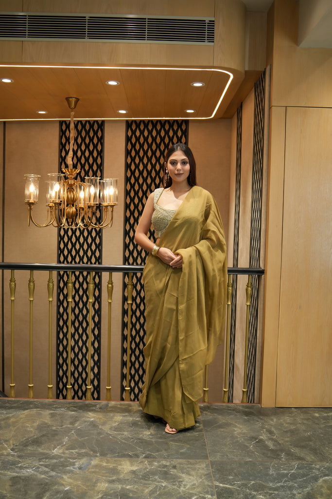 OLIVE GREEN ORGANZA PRE STITCHED SAREE