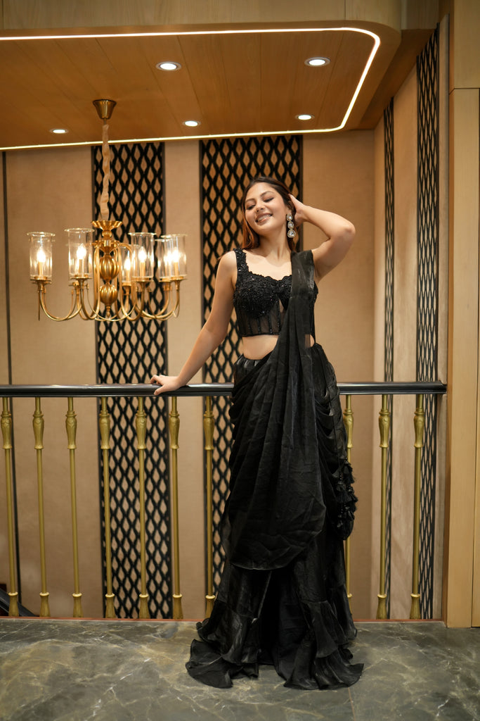 BLACK RUFFLES PRE STITCHED SAREE