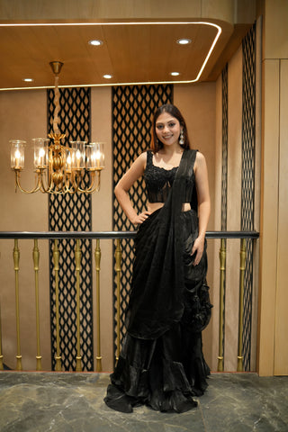 BLACK RUFFLES PRE STITCHED SAREE