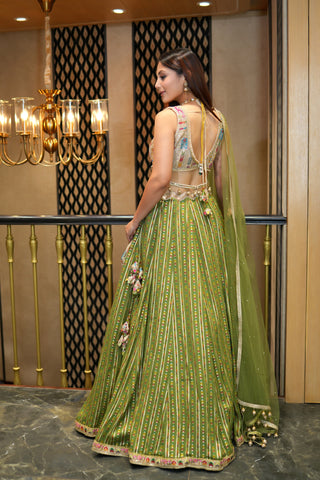 GREEN GEORGETTE SILK PRINTED LEHENGA