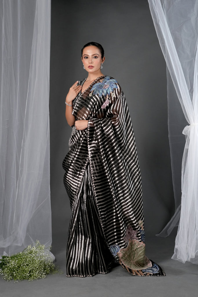 SILVER & BLACK ZARI STRIPES SAREE