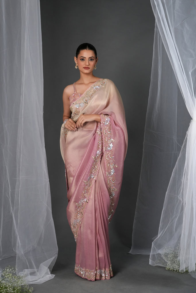 FLAMINGO PINK EMBROIDERED TISSUE SAREE