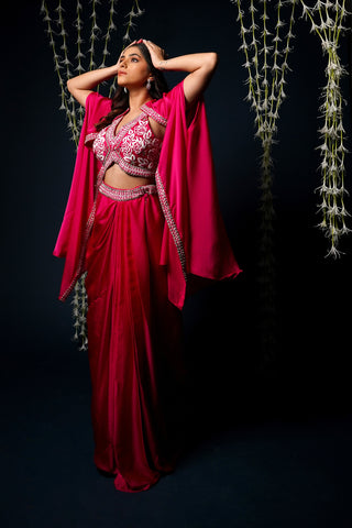 HOT PINK EMBROIDERED CAPE SET