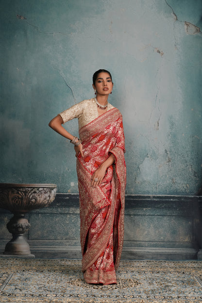 VERMILLION RED BANDHEJ EMBROIDERED SAREE