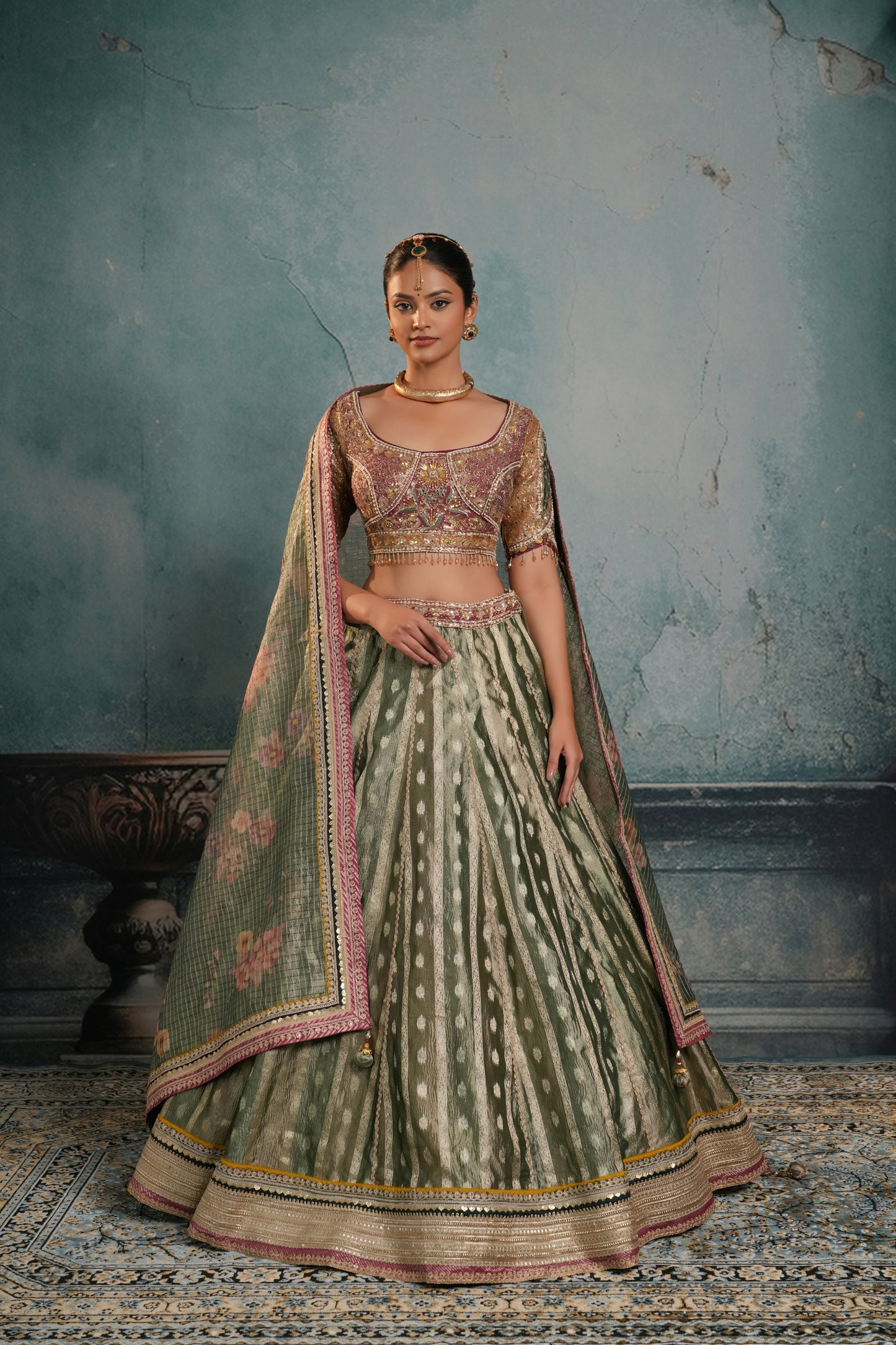 GREEN ORGANZA LEHENGA