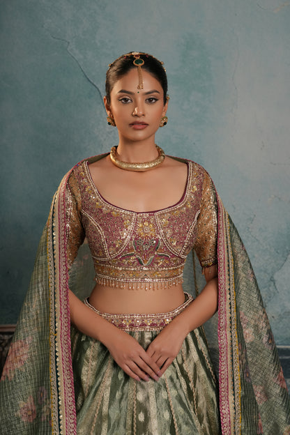 GREEN ORGANZA LEHENGA