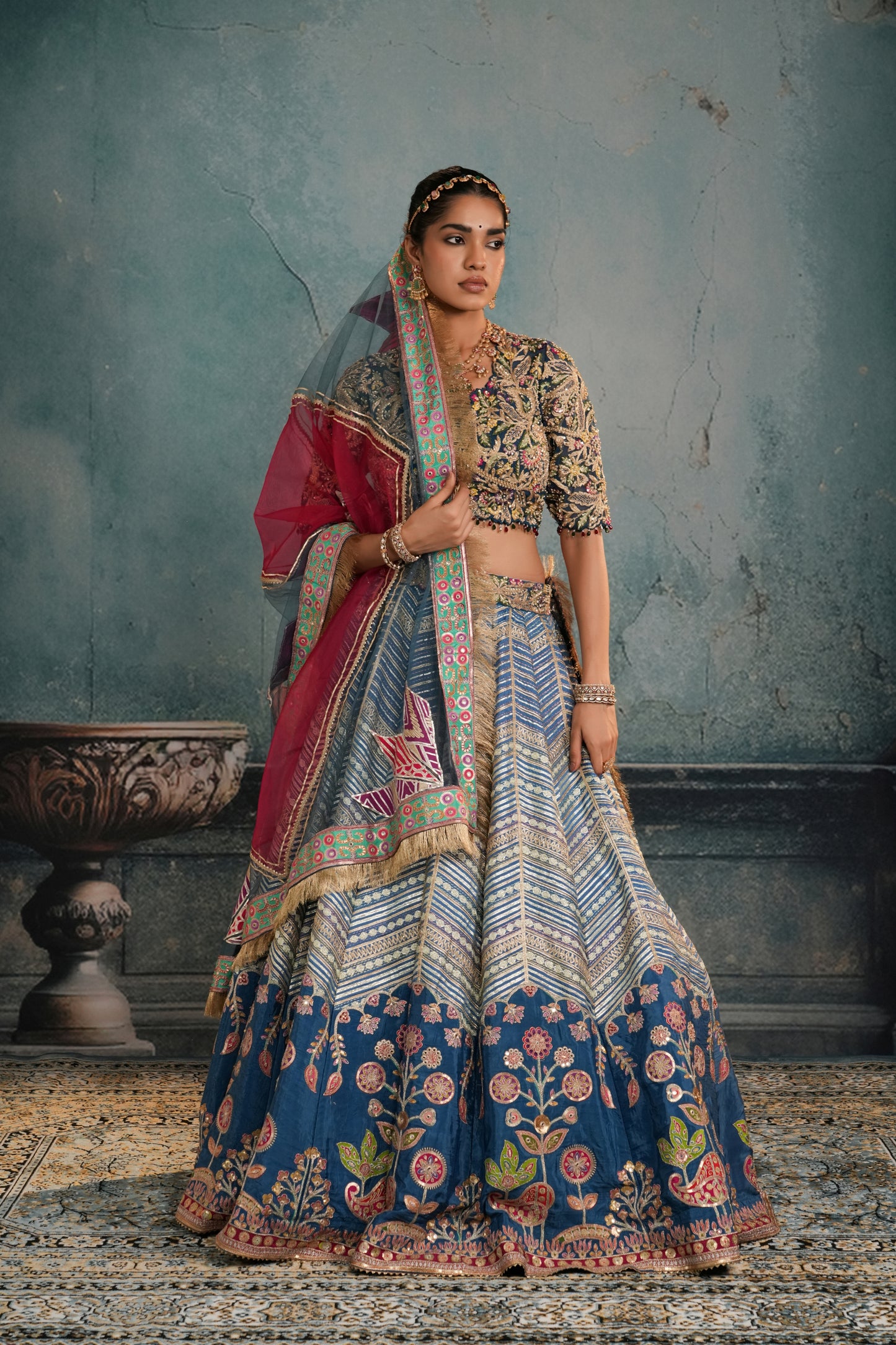 BLUE HEAVY EMBROIDERED CREPE SILK LEHENGA