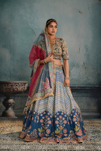 BLUE HEAVY EMBROIDERED CREPE SILK LEHENGA