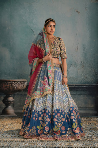 BLUE HEAVY EMBROIDERED CREPE SILK LEHENGA