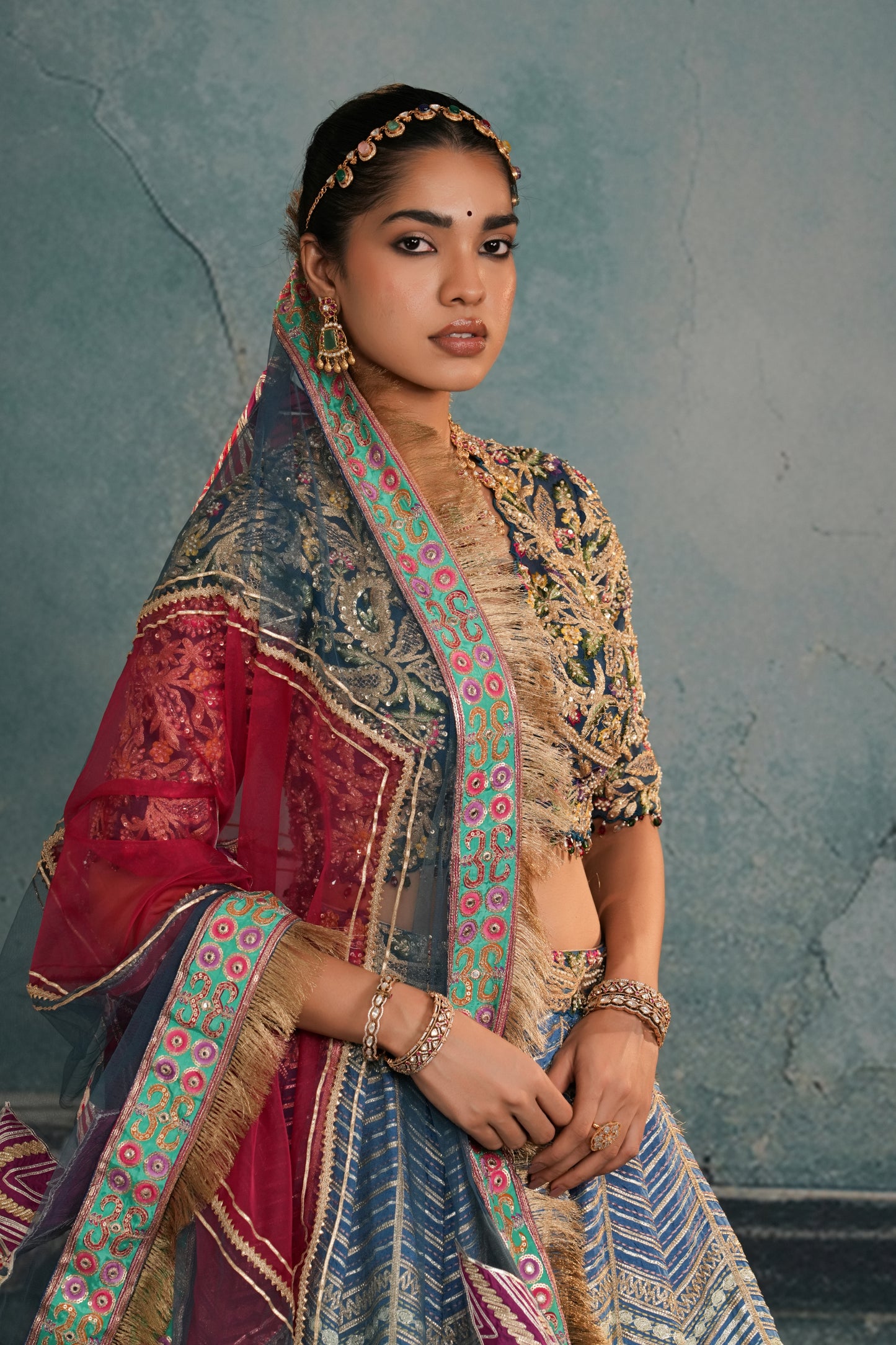 BLUE HEAVY EMBROIDERED CREPE SILK LEHENGA