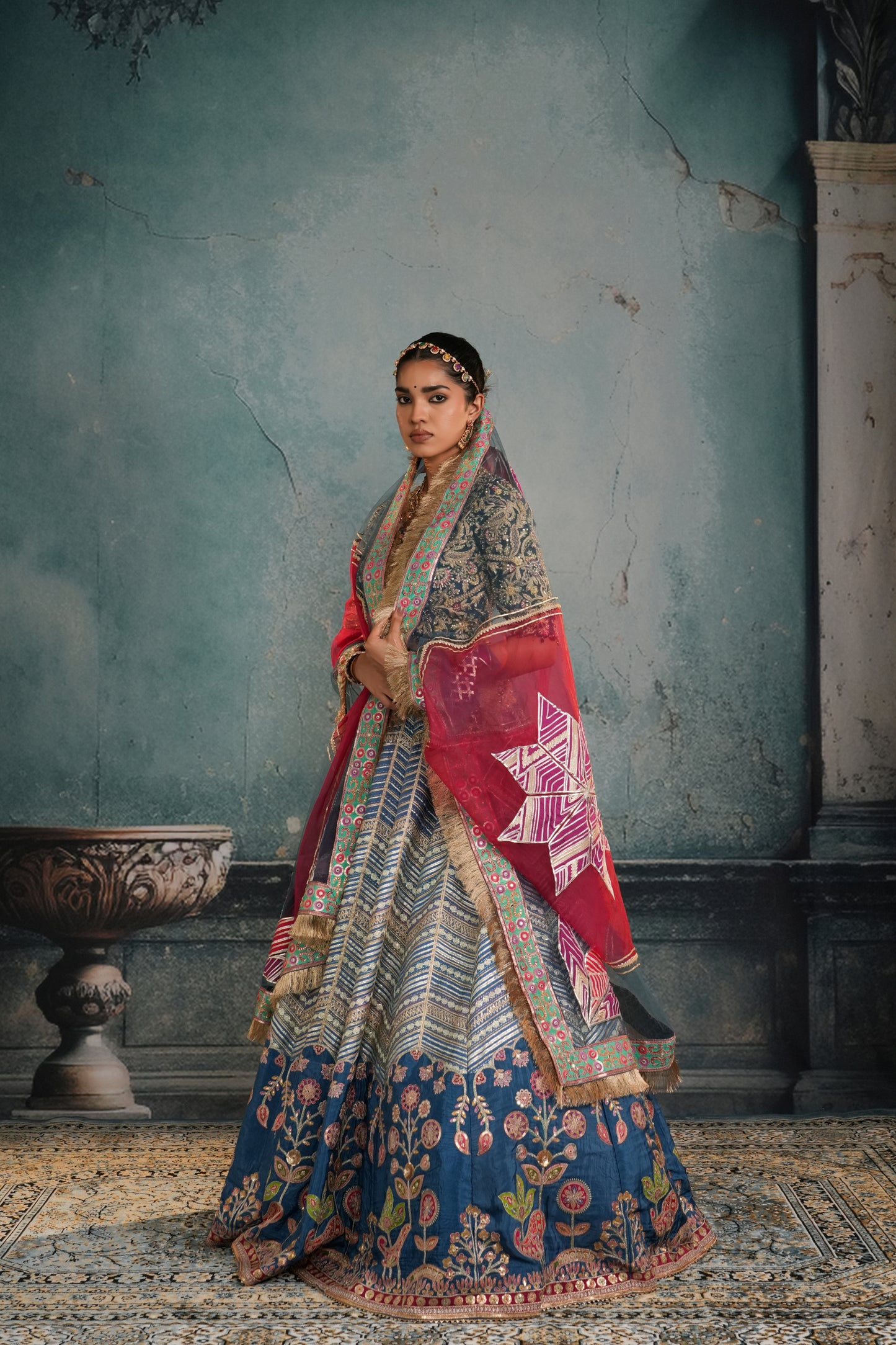 BLUE HEAVY EMBROIDERED CREPE SILK LEHENGA
